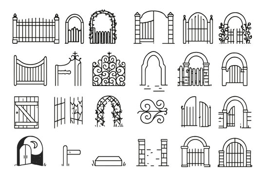 Garden Gate Icons. Line style icons of garden gates: wrought iron gate, wooden arch, vine-covered gate, stone pillars, open path,