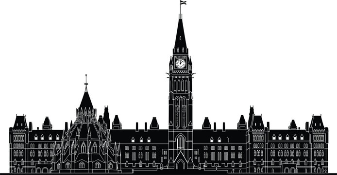Ottawa city skyline silhouette, panoramic Canadian Parliament buildings with Peace Tower, black and white cityscape, cad drawing flat vector illustration