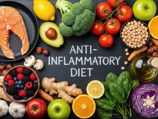 Anti inflammatory diet food written with chalk food ingredients salmon berries vegetables ginger nuts and olive oil on dark background