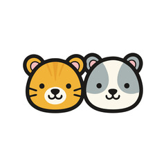 Fototapeta premium Two cute cartoon animal faces, a striped orange cat and a spotted grey and white dog or panda, side-by-side.