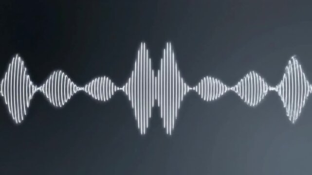 Glowing white digital audio waveform visualized across a dark monochromatic background representing sound frequency modulation and energetic signal processing.