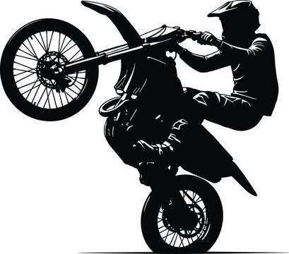 Silhouette of a motocross rider performing a wheelie stunt on a dirt bike isolated on white background flat vector illustration.
