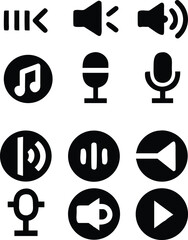 Microphone icon set: music, recording, podcast, mute, sound wave symbols in black 