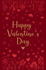 Naklejka premium Happy Valentine's Day gold glitter greeting with floral ornament. Gold happy Valentine's Day text on a red background with decorative floral elements