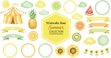 Watercolor summer collection with circus tent, pineapple, sunflowers, citrus fruits, banners, and frames, yellow orange green cad drawing flat vector illustration © IconicCreations