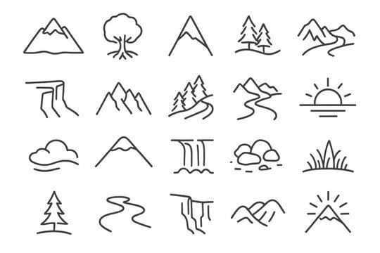 Nature's Linear Serenity. Line style icons of Natural Landscapes: mountain, root system, summit peak, tree line, river valley,