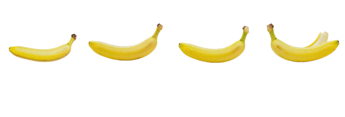 Ripe yellow bananas, whole organic fruit, peeled banana snack, tropical food, fresh grocery produce, potassium rich healthy diet, isolated on white background.