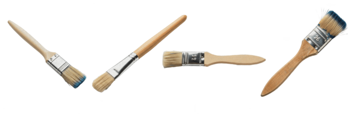 Paintbrushes with wooden handles, flat bristles, blue paint tips, artist tools, DIY renovation equipment, house painting, decorating, isolated on white background.
