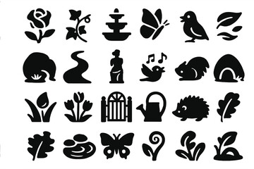 Obraz premium Enchanted Garden Icons. Solid style icons of Enchanted Garden: blooming rose, ivy vine, stone fountain, butterfly resting, lantern