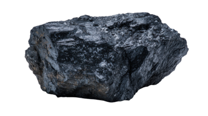 Luminous black coal piece showing raw fossil fuel for energy, heat, and electricity on a transparent background