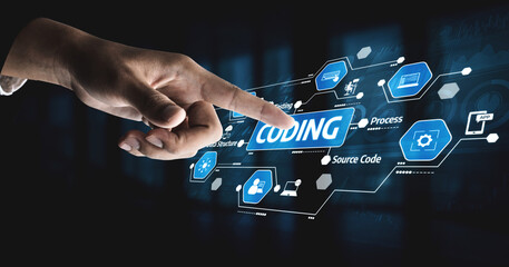 A hand interacts with a digital display featuring coding concepts and icons. This image encapsulates modern technology, programming, and user interface design. Tessel