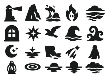 Obraz premium Coastal Spirits Icons. Solid style icons of Coastal Spirits: lighthouse beam, rocky cliff, crashing surf, ghost flame, ocean mist,