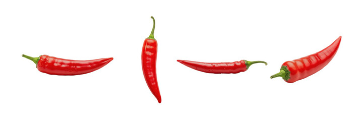 Fresh red chili pepper set isolated on white background. Realistic 3D hot spicy capsicum pods, organic red peppers, and Mexican food cooking ingredients PNG.