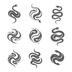 Stylized snake coils and intertwines in various abstract formations, creating a sense of mystery and ancient symbolism on a clean white canvas.