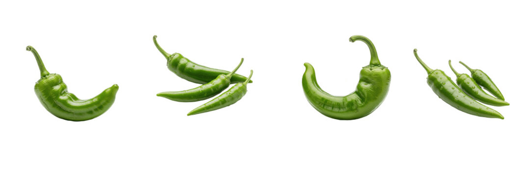 Fresh green chili pepper set isolated on white background. Realistic 3D hot serrano peppers, organic jalape&ntilde;o pods, and spicy Mexican food cooking ingredients PNG