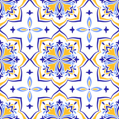 Fototapeta premium Mediterranean blue yellow seamless pattern. Ethnic folk design. Azulejo, talavera, or majolica motifs. Portuguese, Italian, Spanish, Sicilian tile. Floral mosaic ornament. Vector illustration