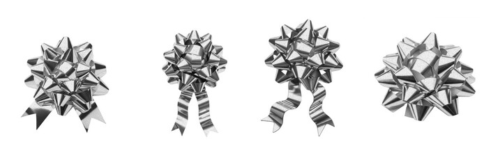 Silver gift bow set isolated on white background. Realistic 3D metallic foil ribbon bows for...
