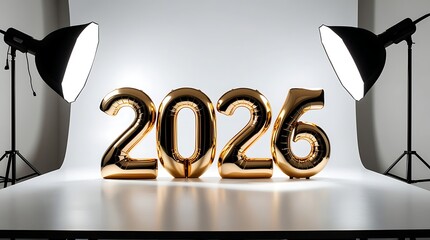 Luxury New Year composition featuring metallic gold &ldquo;2026&rdquo; numbers on a matte white studio surface, softbox lighting from both sides, subtle reflections, clean shadows.