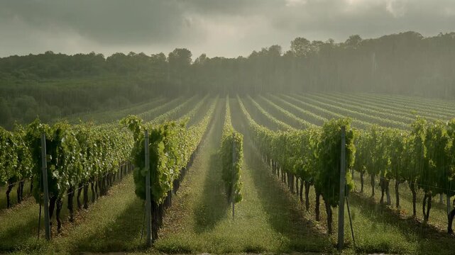 Vast vineyard with green grapevines under moody skies, gentle rain falling, and soft sunlight breaking through, creating a serene agricultural scene.
