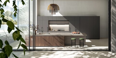 Modern luxury kitchen interior in minimal scandinavian style, 3d render