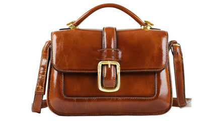 Brown leather handbag showcasing a gold buckle detail and top handle. Fashion accessory with an adjustable shoulder strap on a transparent background
