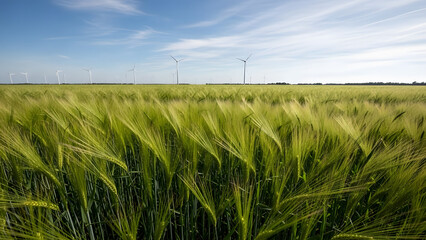 Lush green barley field close-up with towering wind turbines in background | Renewable power generation wind farm against bright blue sky | Sustainable agriculture and modern technology landscape cont