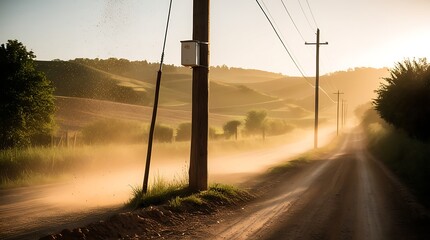 Photo of a lone electric pole standing tall on a narrow village dirt road, with dust particles suspended in the air, illuminated by warm evening light that casts long shadows.