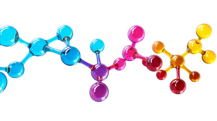 Abstract representation of colorful glass molecules connected in a complex chain structure symbolizing biochemistry and advanced scientific research concepts
