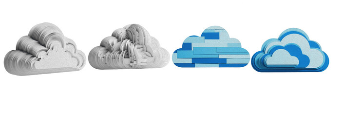 Cloud icon set with 3D paper cut and layered digital designs isolated on white background. Blue and white cloud symbols for computing, weather, and data storage.
