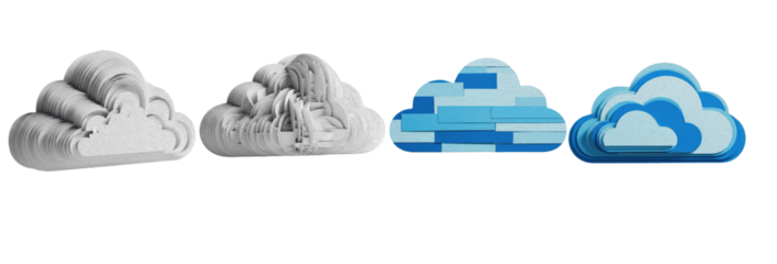 Cloud icon set with 3D paper cut and layered digital designs isolated on white background. Blue and white cloud symbols for computing, weather, and data storage.