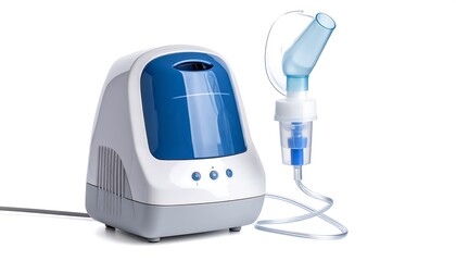 Modern medical compressor nebulizer with mouthpiece and tubing isolated on a white background.