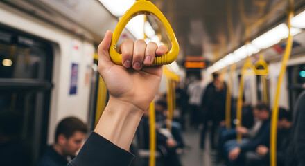 Close Up of Person Holding Yellow Grab Handle Inside Modern Subway Train Carriage