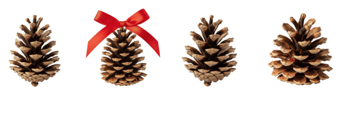 Pine cone set with red ribbon bows isolated on white background. Christmas conifer seeds collection, rustic winter holiday decor, and Xmas tree ornaments.