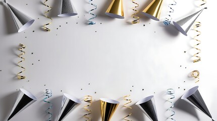 A photo of a Minimal New Year flat-lay with shiny party hats in silver and gold, colorful streamers in delicate curls, and sparse sparkles.