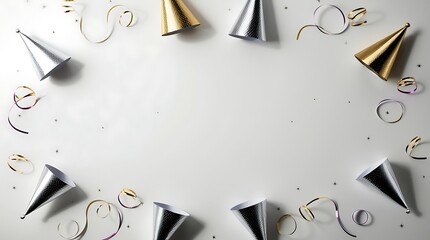 A professional photo of a Minimal New Year flat-lay with shiny party hats in silver and gold, colorful streamers in delicate curls, and sparse sparkles.