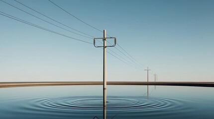 Photo of a single slender electric pole with a smooth metallic surface and a few wiry cables, reflected accurately in a calm and peaceful water body with a subtle ripple.
