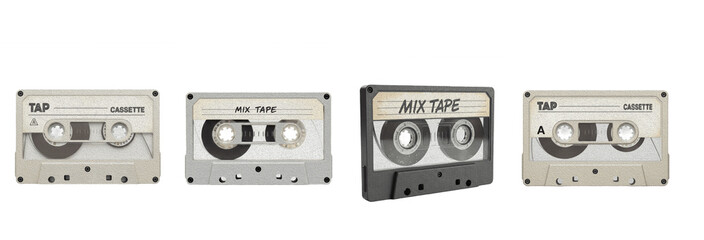 Vintage audio cassette tape set with mix tape labels isolated on white background. Retro 80s and...