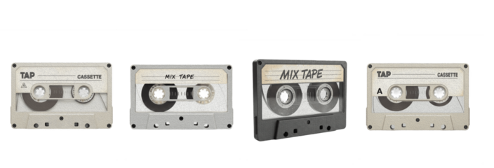 Vintage audio cassette tape set with mix tape labels isolated on white background. Retro 80s and 90s magnetic analog tapes for music recording and nostalgia.