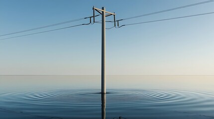 professional photo of a single slender electric pole with a smooth metallic surface and a few wiry cables, reflected accurately in a calm and peaceful water body with a subtle ripple.