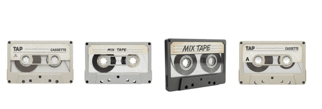 Vintage audio cassette tape set with mix tape labels isolated on white background. Retro 80s and 90s magnetic analog tapes for music recording and nostalgia.