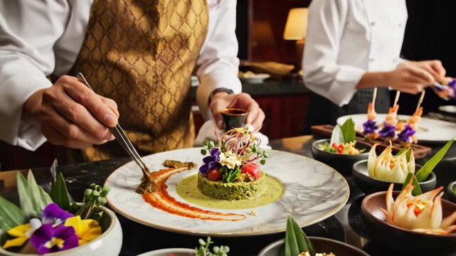 Culinary presentation gourmet food on plates being decorated by chefs