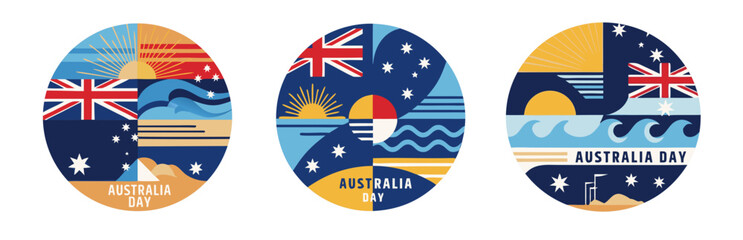Australia Day sticker pack with abstract Australian symbols in vibrant colors, modern flat vector style, transparent background