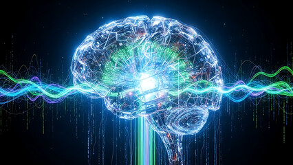 Glowing brain with vibrant neural connections and electric waves on dark background representing intelligence and technology