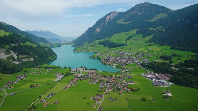 Aerial view around the city Lungern in Switzerland on a sunny day in summer.