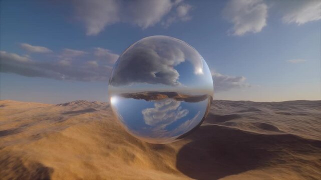 A mesmerizing clear sphere rests atop golden desert dunes, perfectly reflecting the vast blue sky and soft clouds. This striking composition creates an abstract, tranquil, and visually captivating sce