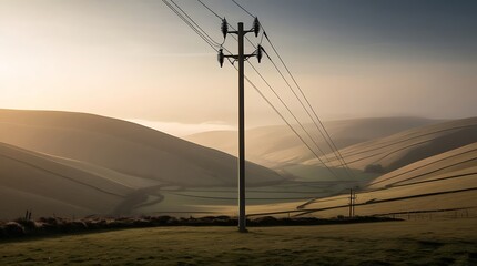 Photo of a solitary electric pole standing tall in a serene valley surrounded by rolling hills, bathed in soft morning light with warm golden tones, layered depth.