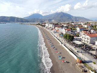 Aerial view of Çalış Beach, a long pebble beach located along the Mediterranean coast of Fethiye in Turkey. © Alp Galip