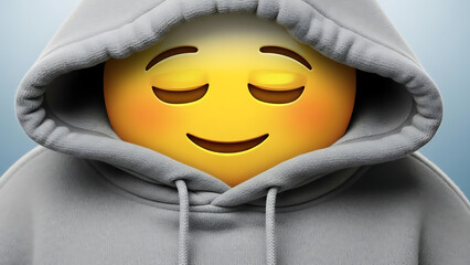 Smiling face emoji with closed eyes wearing gray hooded sweatshirt on blue background