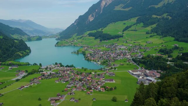 Aerial view around the city Lungern in Switzerland on a sunny day in summer.