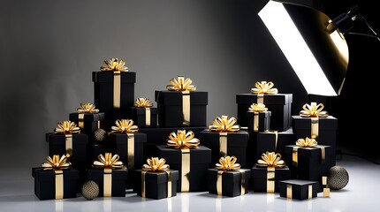 Photo of luxurious Festive New Year gift boxes wrapped in sleek black paper with gold accents, arranged in a meticulously styled studio setup, illuminated by dramatic side lighting.